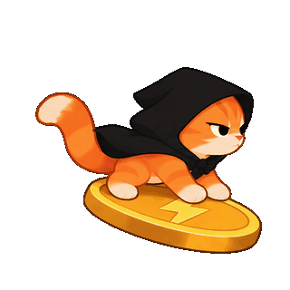 Catoshi balancing, blinking and waving on her gold token